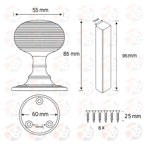 Technical drawing of aged brass beehive mortice door knobs with measurements for knob, rose, spindle, and fixing screws.