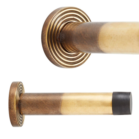 Aged Solid Brass Cylinder Projected Plain Door Stop on Reeded Backplate