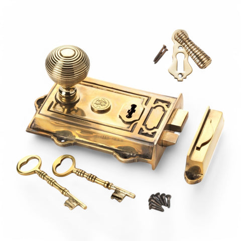 Aged Solid Brass Davenport Rim Lock Beehive Door Knobs Knob Set Solid Antique