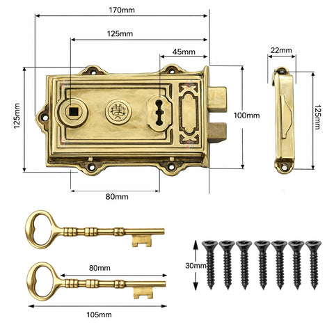Aged solid brass Davenport Victorian rim lock technical image showing lock body, keep, keys, and fixing screws with measurements in millimetres.