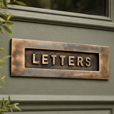Aged Solid Brass LETTERS Letter Plate 250 x 76mm Fitted to Sage Green Front Door
