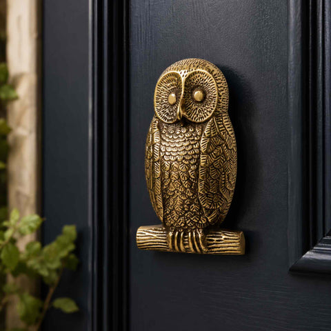 Aged solid brass owl door knocker fitted to a sage green front door, showcasing the traditional owl design and vintage brass finish.