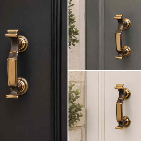 Lifestyle collage showing the Aged Brass Reeded Doctor Door Knocker fitted to black, sage green and cream front doors, demonstrating versatility across different entrance styles.
