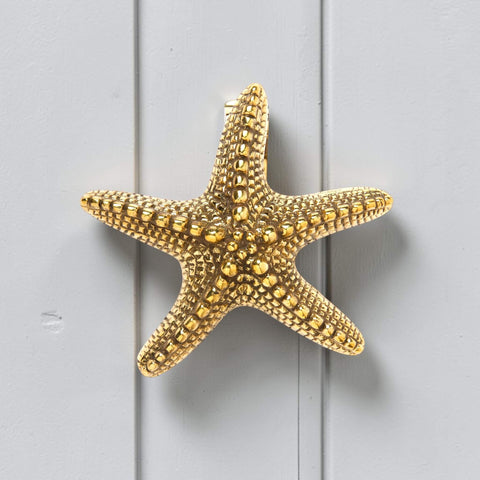 Aged solid brass starfish door knocker front view mounted on grey door