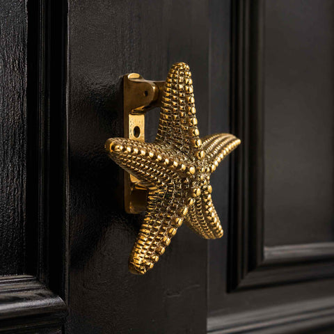 Aged solid brass starfish door knocker mounted on a black front door.