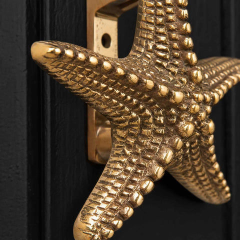 Aged brass starfish door knocker fitted to a black panelled front door.