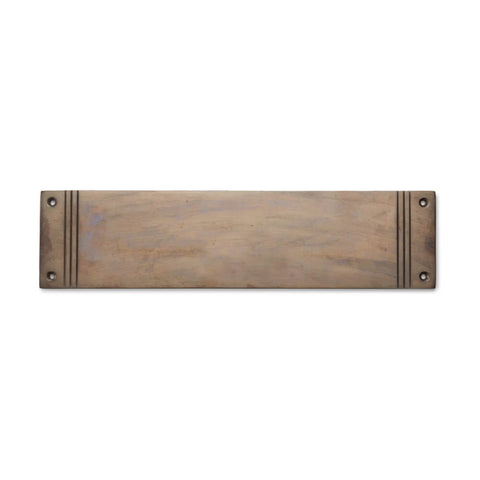 Unlacquered antique solid brass reeded push plate, 305mm x 75mm, front view with fixing holes visible