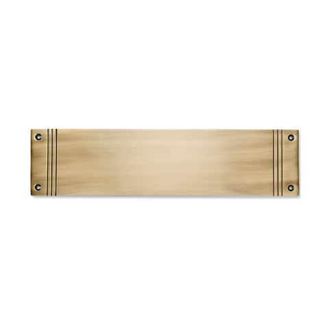 Antique brass solid brass reeded push plate, 305mm x 75mm, front view with fixing holes visible