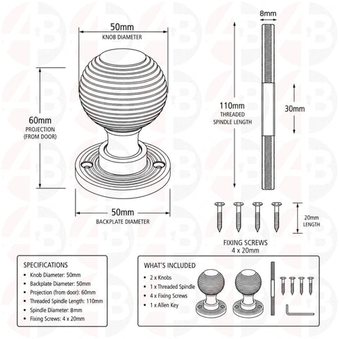Technical Drawing and Dimensions of Antique Brass Beehive Mortice Door Knob Set