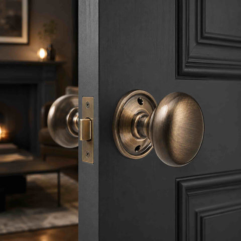 Antique brass cottage door knob pair with matching heavy-duty tubular latch fitted to a black panelled internal door.