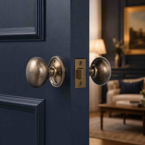 Pair of antique brass cottage door knobs with matching tubular latch fitted to a dark blue panelled internal door.