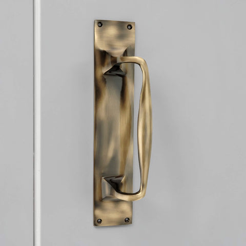 Antique Brass Door Pull Handle on Backplate Mounted on Door
