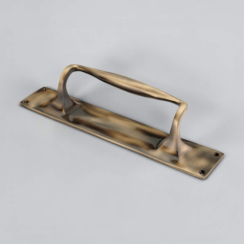 Solid Brass Antique Brass Door Pull Handle on Backplate – Angled View