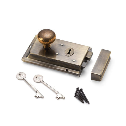 Antique Brass Flanged Rim Lock Hammered Aged Brass Cottage Door Knobs