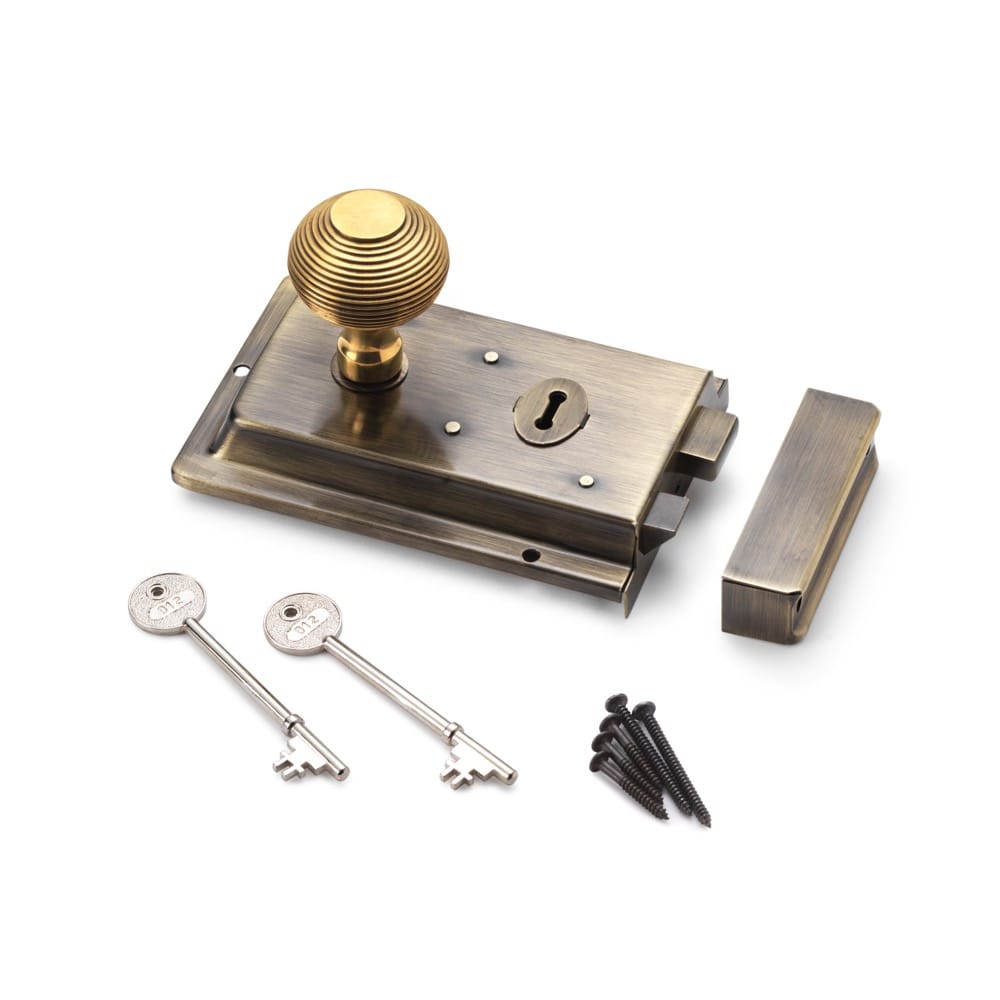 Antique Brass Rim Lock with Heavy Aged Brass Beehive Knobs – ABHardware