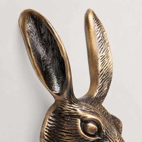 Close-up of antique brass hare door knocker showing detailed hare ears.