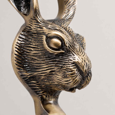 Macro close-up of antique brass hare head door knocker highlighting facial detail and finish.