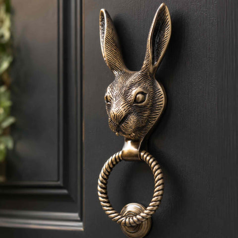 Close-up of antique brass hare door knocker & reeded ring and strike plate mounted on a black front door.