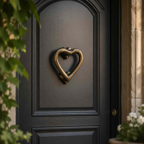 Antique Brass Heart Door Knocker Installed on a Traditional Black Front Door