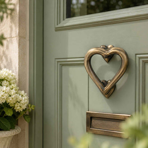 Antique Brass Heart Door Knocker Installed on a Sage Green Front Door with Matching Antique Brass Letter Plate