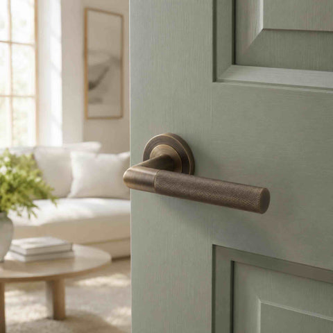 Antique brass knurled lever door handle fitted to a sage green panelled internal door in a bright contemporary living room.