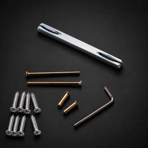 Fixing kit for antique brass knurled lever door handles including spindle, screws, through bolts and Allen key.
