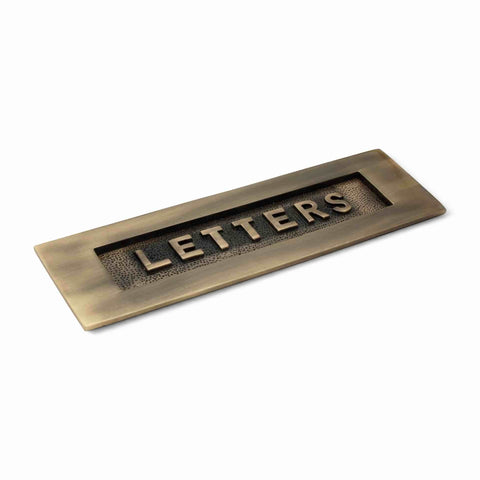 Antique brass LETTERS letter plate with raised lettering and textured sprung flap