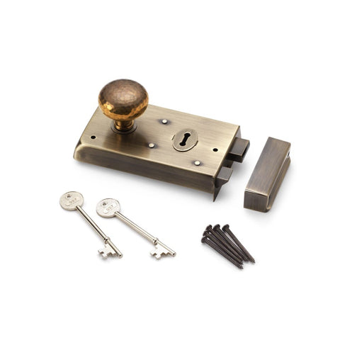 Antique Brass Narrow Rim Lock Hammered Aged Brass Cottage Door Knobs