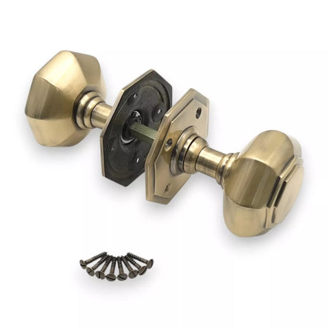 Antique Brass Octagonal Mortice Door Knobs Solid Brass Pair of New Large Set