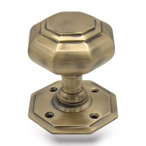 Antique Brass Octagonal Mortice Door Knobs Solid Brass Pair of New Large Set