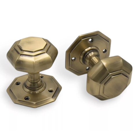 Antique Brass Octagonal Mortice Door Knobs Solid Brass Pair of New Large Set