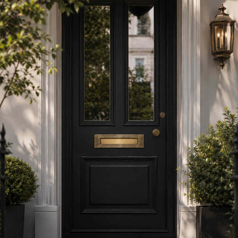 Antique brass reeded letter plate fitted to a traditional black entrance door