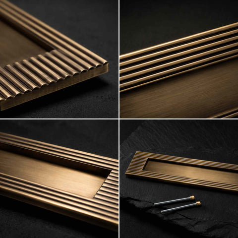 Collage showing reeded detailing, sprung flap and fixing bolts of antique brass letter plate