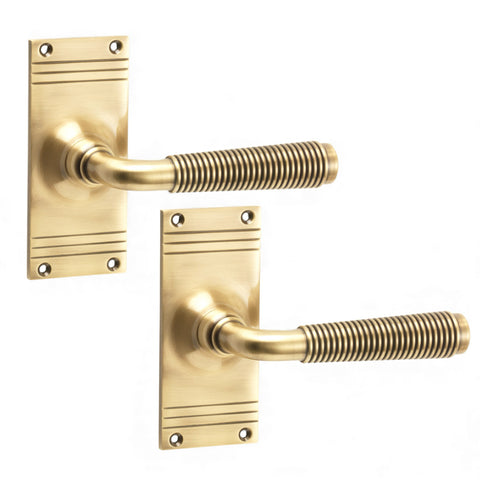 Antique brass reeded lever on backplate door handle pair on white background
