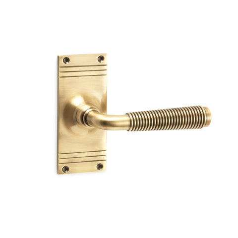 Pair of antique brass reeded lever on backplate door handles front view