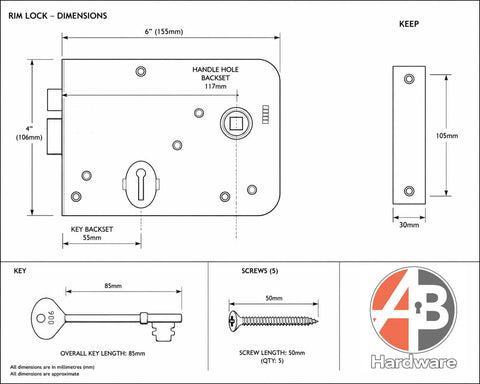 Black and white technical drawing for antique brass rim lock