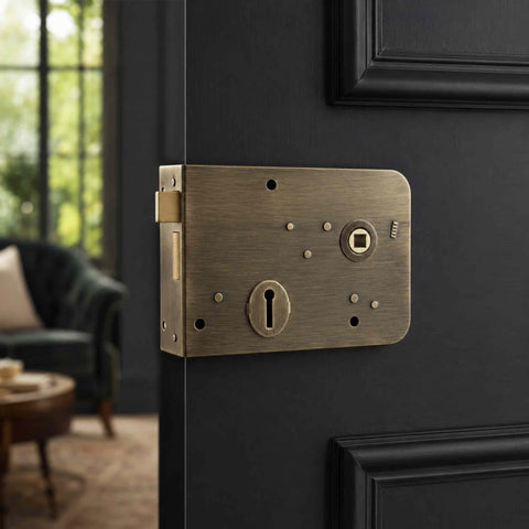 Antique brass right hand scotch rim lock fitted to a black panelled door.