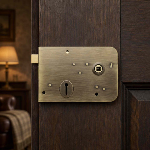Straight shot of antique brass right hand scotch rim lock fitted to a wooden door.
