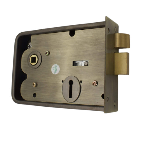 Internal view of antique brass scotch rim lock mechanism