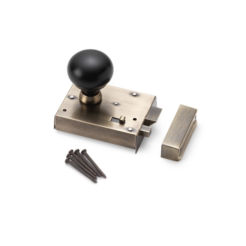Antique Brass Rim Latch Lock with Ebony Bun Door Knobs – ABHardware