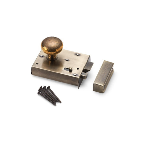 Antique Brass Rim Latch Lock Hammered Aged Brass Cottage Door Knobs