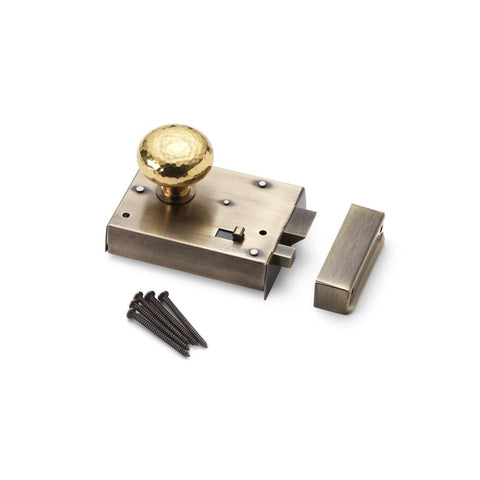 Antique Brass Rim Latch Lock Hammered Polished Brass Cottage Door Knobs