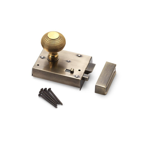 Antique Brass Rim Latch Lock Heavy Aged Brass Beehive Door Knobs