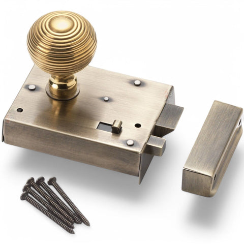 Antique Brass Rim Latch Lock Snib Aged Brass Beehive Door Knobs Knob Set