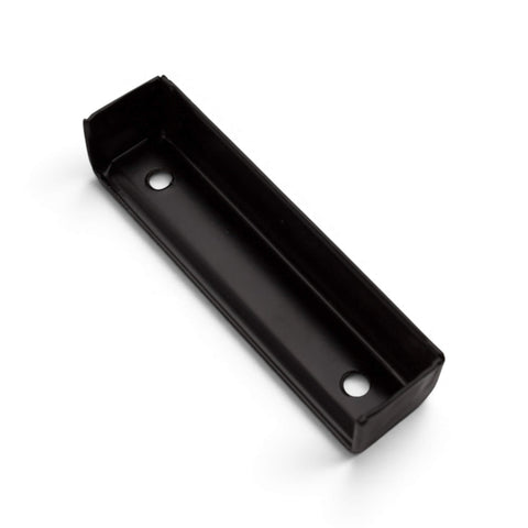 Black metal rim lock keep plate with fixing holes shown on a white background.