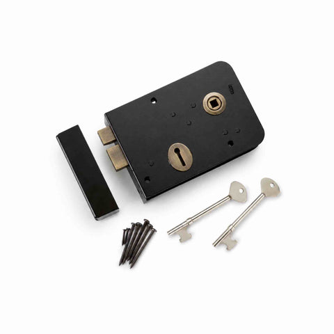 Black and antique brass right hand Scotch rim lock with two keys, keep and fixing screws