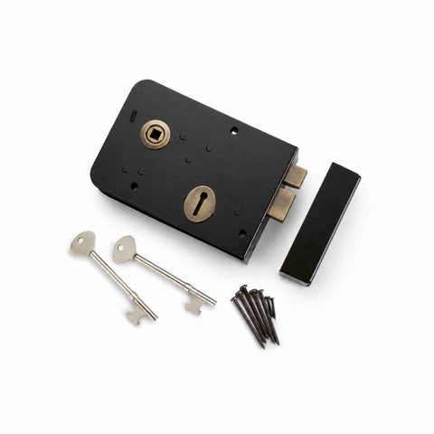 Black and antique brass Scotch rim lock with two keys, strike plate and fixing screws