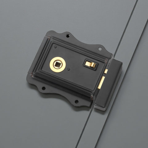 Angled view of matte black Victorian rim lock highlighting polished brass latch detail