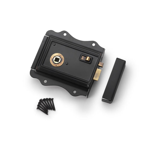 Black & Antique Brass Olde Victorian Flanged Rim Lock