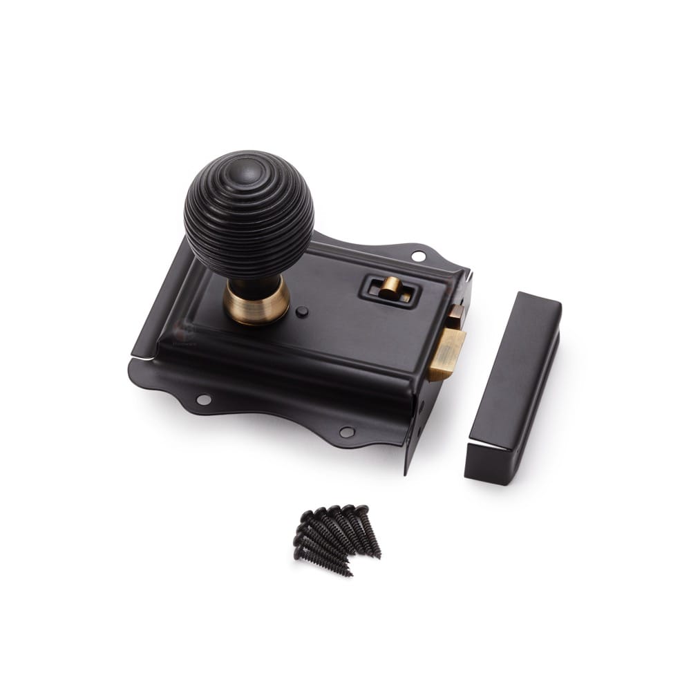 Black Victorian Rim Lock with Ebonised Antique Brass Beehive Knobs ...